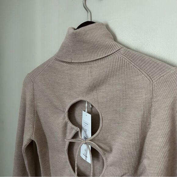 Thakoon Sweater Turtleneck Open Back Oatmeal Tan Merino Wool Casual Soft Cozy - Picture 7 of 11